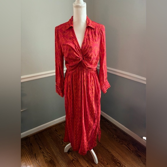 Farm Rio Long-Sleeve V-Neck Printed Tie-Front Midi Dress - Large - Picture 8 of 9